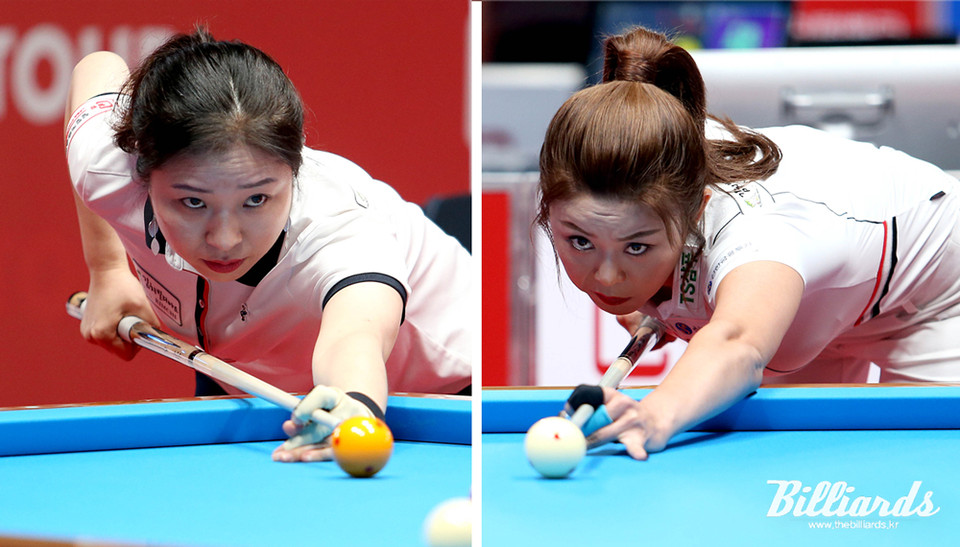 여자 프로당구 3차 투어 '웰컴저축은행 웰뱅 LPBA 챔피언십' 16강에 진출한 초대 챔피언 김갑선(왼쪽)과 '당구 여제' 김가영(오른쪽).   사진=김용근/PBA 프로당구협회