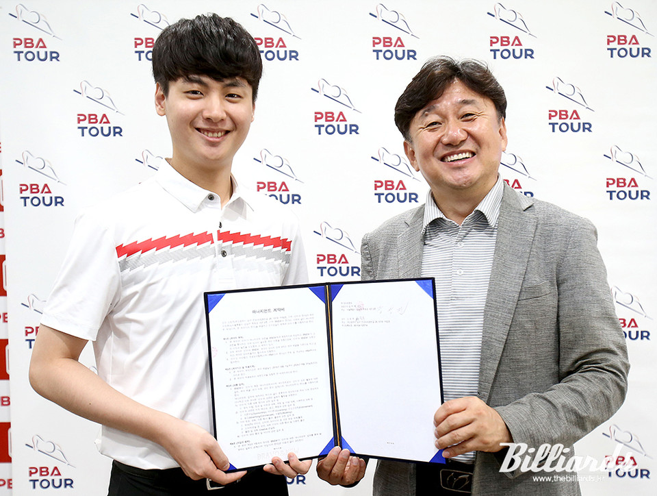 (주)브라보앤뉴가 '차세대 당구스타' 신정주와 계약을 체결하며 10호 당구선수를 영입했다.   사진=브라보앤뉴 제공