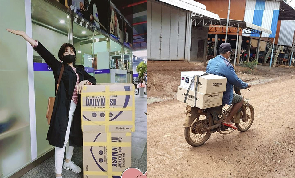 (왼쪽) 직접 마스크 5만장을 구매해 캄보디아에 기부한 스롱 피아비. (오른쪽) 스롱 피아비가 보낸 마스크를 직접 필요한 사람들에게 전달하는 그녀의 아버지.  사진=스롱 피아비 제공