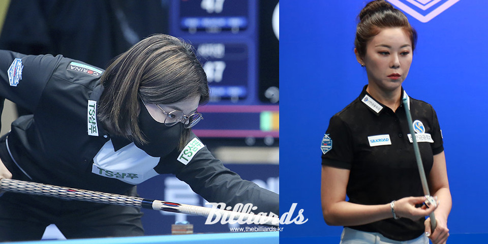 LPBA 두 챔피언 이미래(좌)와 김가영(우)이 8강 길목에서 맞딱뜨렸다.  사진=김용근/프로당구협회 제공