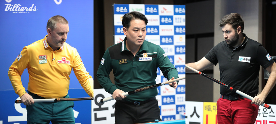 프레데릭 쿠드롱과 조재호, 카를로스 앙기타(사진 왼쪽부터) 등이 '휴온스 PBA 챔피언십' 1라운드에서 승리를 거두고 무사히 64강에 진출했다.   사진=이용휘 기자