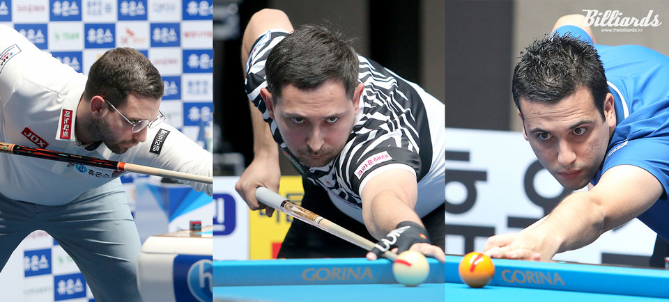 64강에 합류한 스페인의 하비에르 팔라존, 다비드 마르티네스, 다비드 사파타(사진 왼쪽부터).  사진=프로당구협회(PBA) 제공