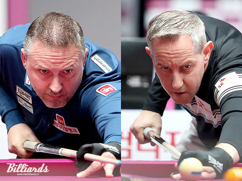 8강 문턱에서 만난 '절친' 프레데릭 쿠드롱(웰컴저축은행·사진 왼쪽)과 에디 레펜스(SK렌터카).  사진=프로당구협회 제공