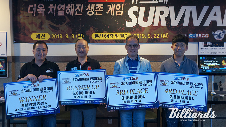 지난 2019년 큐스코에서 개최한 아마추어 동호인 서바이벌당구대회 입상자들.  사진=빌리어즈 DB