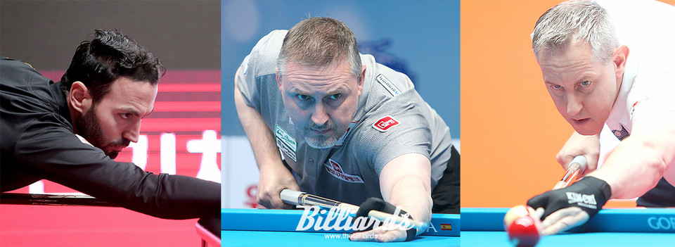 프로당구 시즌 두 번째 투어 '하나카드 PBA 챔피언십' 첫날 128강전을 무사히 통과한 필리포스 카시도코스타스(하나카드), 프레데릭 쿠드롱(웰컴저축은행), 에디 레펜스(벨기에). 사진=PBA 제공