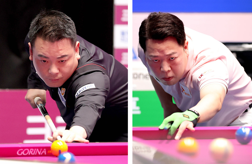 시즌 마지막 8차 투어 16강에 올라간 조재호(NH농협카드)와 강동궁(SK렌터카).  사진=PBA 제공