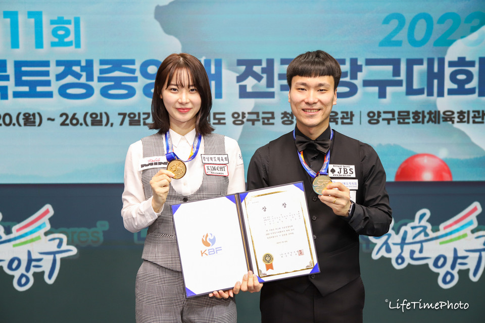 포켓9볼 복식전 우승을 차지한 김보건-고태영. 사진=함상준/대한당구연맹 제공