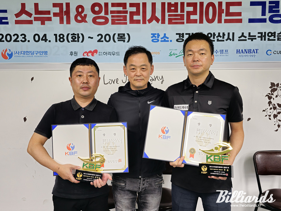 잉글리시빌리어드 그랑프리 1차대회에서 우승을 차지한 백민후(우)와 준우승자 최경림(좌). 사진=대한당구연맹 제공