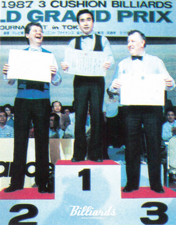 '월드 그랑프리 3쿠션 당구대회’에 입상하여 시상대에 선 선수들. (왼쪽부터) 2위 루도 딜리스, 우승 고모리 준이치, 3위 레이몽 클루망.  사진=월간 빌리어즈(87년 6월호)