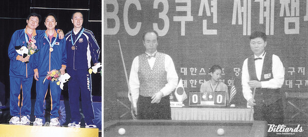 (왼쪽) 2002 부산 아시안게임 시상식. 동메달을 딴 오른쪽 3번째 선수가 시마다. (오른쪽) 99년 11월에 대구에서 열린 초청 경기에서 이상천과 경기하는 시마다.   빌리어즈 자료사진