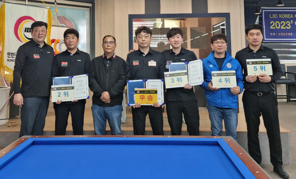 '2023 레이아웃 3쿠션 1차 클럽대회' 우승자 장성원(가운데)과 입상자들.  사진=인천당구연맹 제공