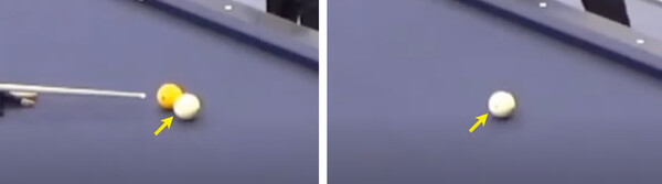 샷 전과 샷 후의 흰색 공에는 좌측에 빛 반사로 안 보였던 빨간색 점이 나타나거나 우측 빨간색 점의 위치가 조금 달라진 것을 확인할 수 있다.  사진=자네티 유튜브 캡처