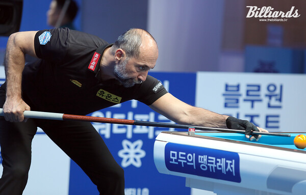 승리와 패배의 갈림길에서 흔들리지 않는 멘탈로 스리뱅크 샷을 성공시킨 세미 사이그너(휴온스).  사진=김도하 기자