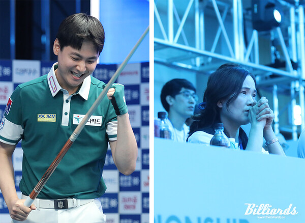 프로당구(PBA) 투어 개막전 8강에서 신정주(하나카드)가 '베트남의 마지막 보루' 응우옌프엉린(NH농협카드)을 세트스코어 3-1로 꺾고 1년 7개월 만에 준결승에 진출했다. 왼쪽 사진은 신정주를 응원하는 어머니.  사진=이용휘 기자