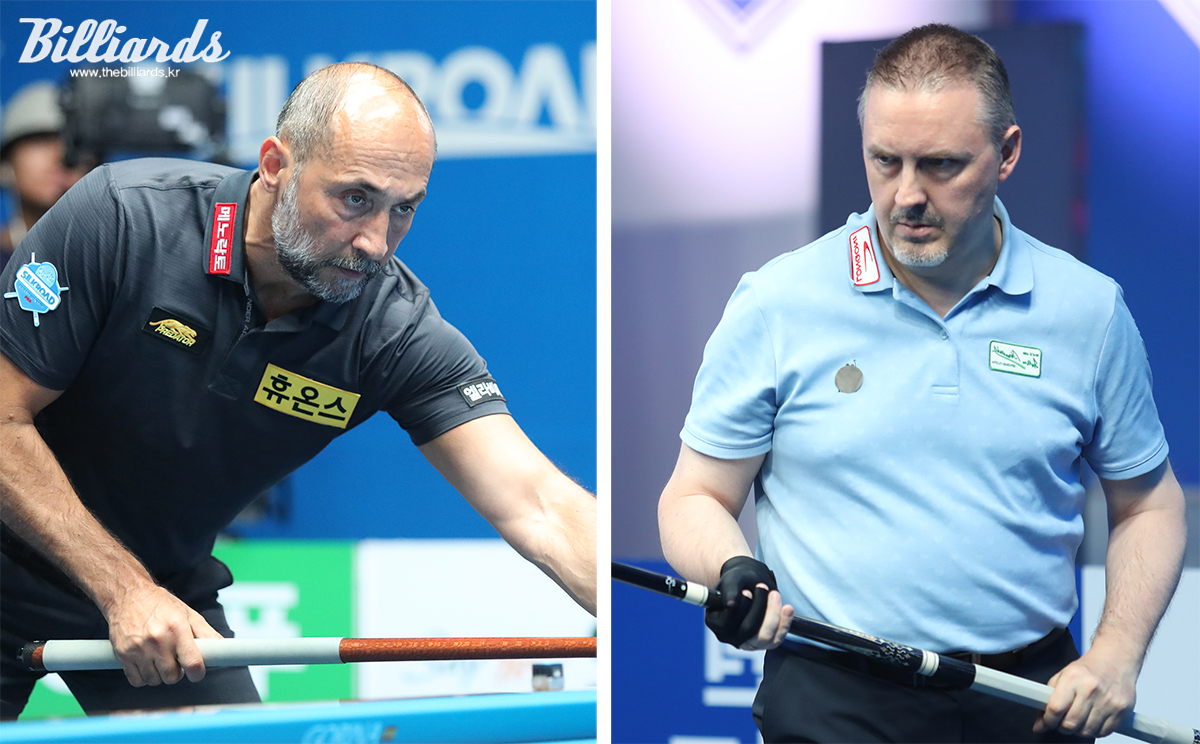 프로당구 최강자인 세미 사이그너(휴온스)와 프레데릭 쿠드롱(웰컴저축은행).   사진=이용휘 기자