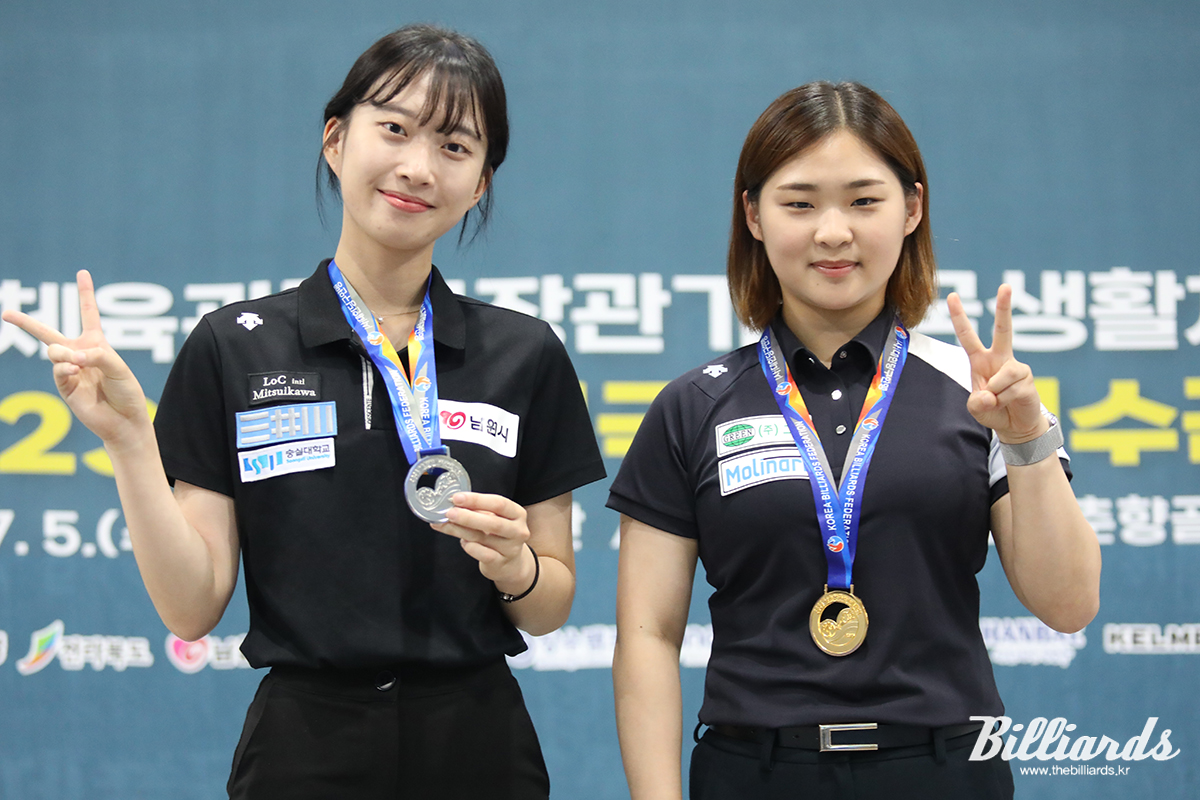 금메달과 은메달을 나란히 목에 건 김하은(오른쪽)과 최봄이(왼쪽). 사진=남원/이용휘 기자