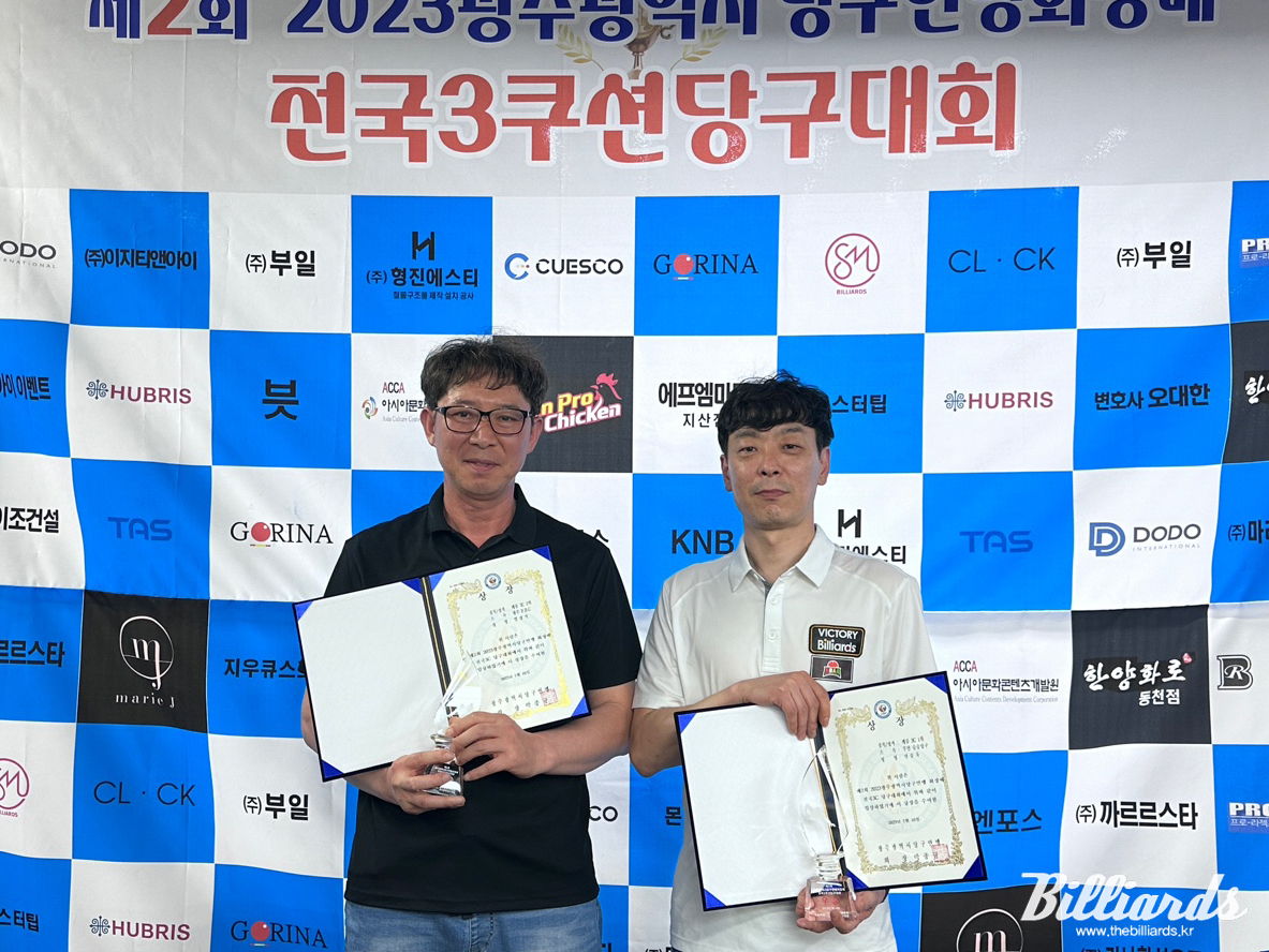 준우승 엄상식(좌)과 우승 신승욱(우). 사진=광주당구연맹 제공