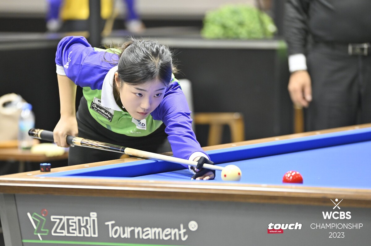 아시아A팀 캐롬 여자 선수로 막판 두 경기를 애버리지 1점대로 승리하며 종합순위 1위에 결정적 역할을 한 한국의 허채원(한체대).  사진=WCBS/TOUCH