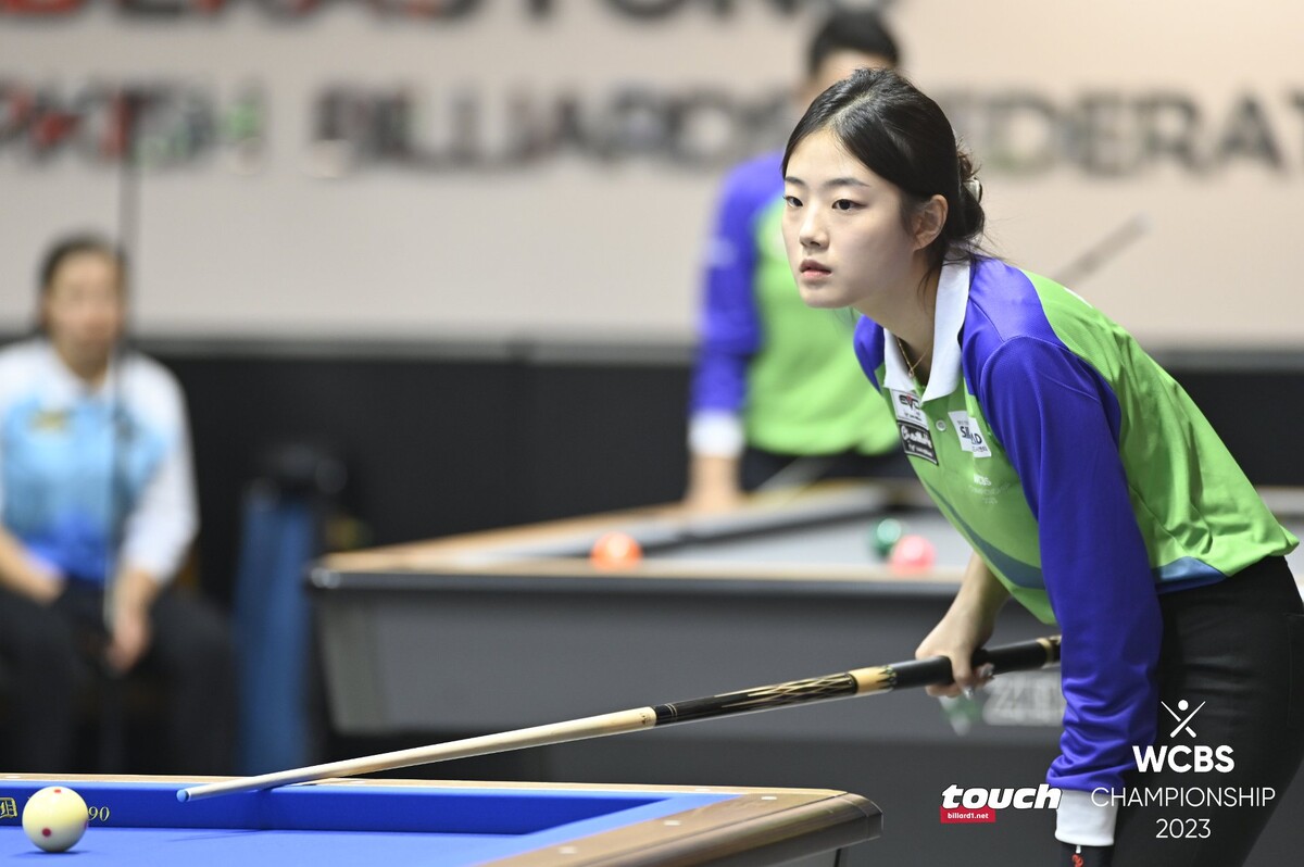 허채원은 이번 대회 여자 3쿠션 종목 중 클롬펜하우어의 11이닝(2.273) 경기에 이은 두 번째로 높은 애버리지 1.389를 기록했다.  사진=WCBS/TOUCH