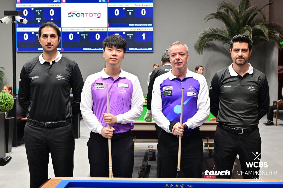 결승에서 한국의 '3쿠션 간판' 김행직(전남)과 '세계 최강' 딕 야스퍼스(네덜란드)의 대결.  사진=WCBS/TOUCH