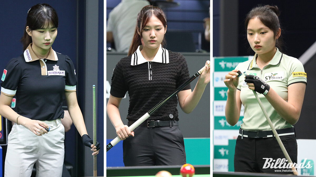 여자 프로당구(LPBA) 무대에서 2000년대생들의 활약이 이어지고 있다. 과연 이들은 어디까지 올라갈 수 있을까. 왼쪽부터 용현지(하이원리조트), 권발해, 한지은(에스와이).  사진=고양/이용휘 기자