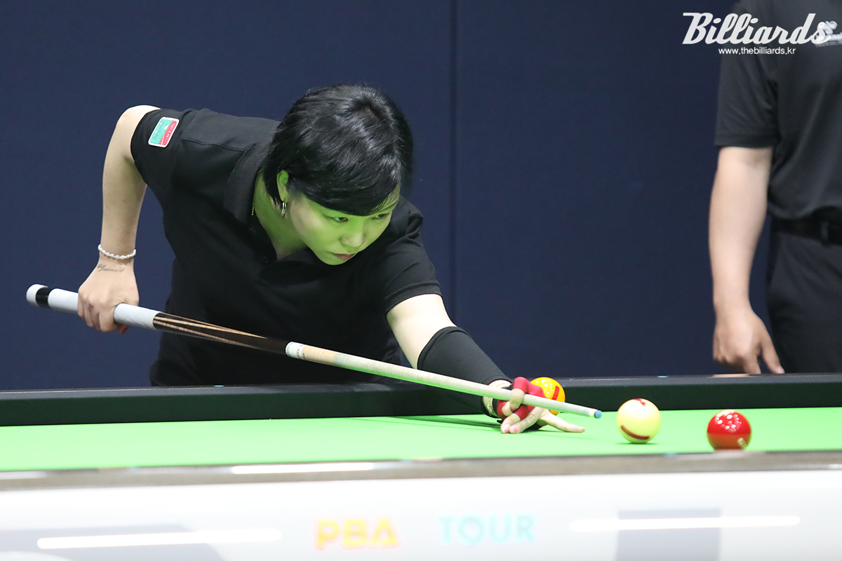 정은영은 사카이 아야코(하나카드)를 2-0으로 꺾으며 16강전 최고 애버리지 1.294를 기록했다.  사진=고양/이용휘 기자