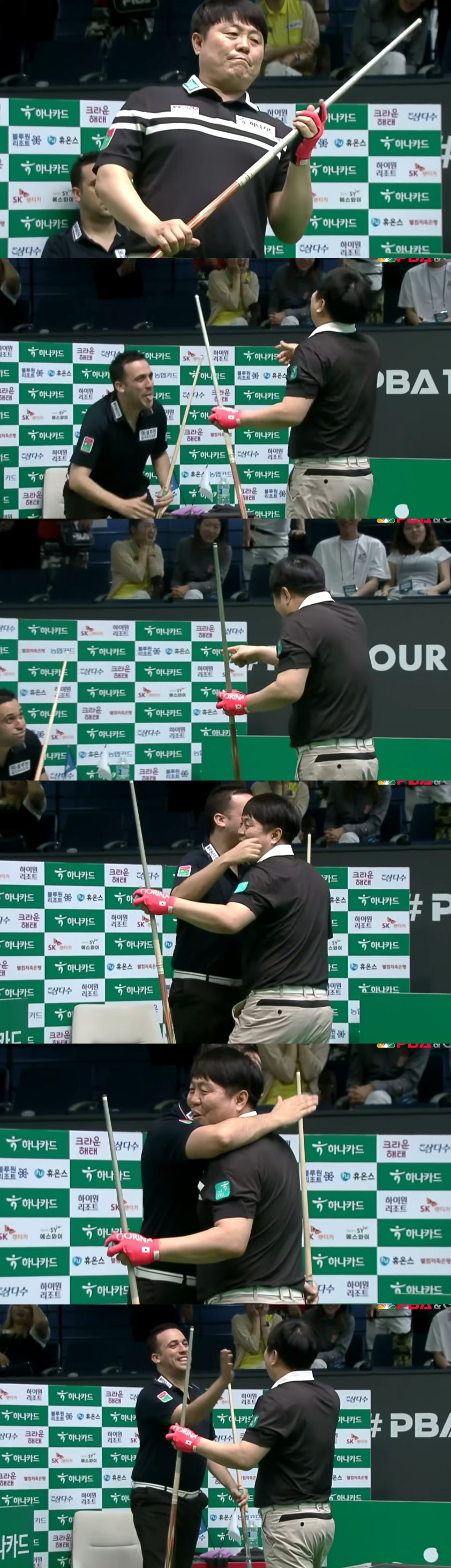 승부치기에서 아깝게 패한 김병호는 호쾌하게 웃으며 사파타의 승리를 축하했다.   사진=PBA&GOLF 중계화면 캡처