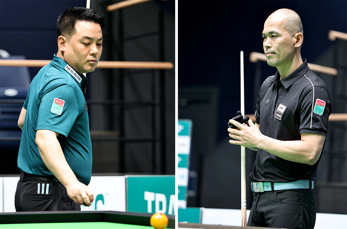 프로당구(PBA) 3차 투어 '하나카드 PBA 챔피언십' 32강에서 대결한 조재호(왼쪽)와 박동준.  사진=PBA 제공