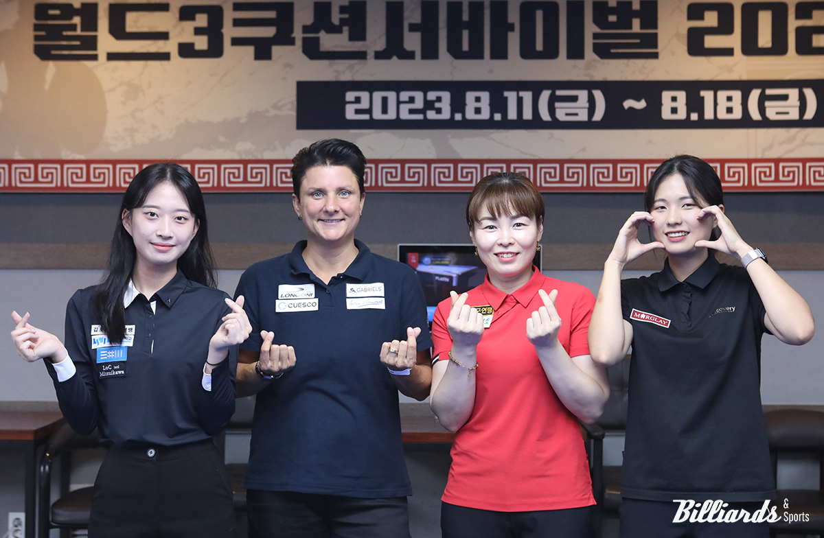 '레이디스 월드 3쿠션 서바이벌 2023' 결승 진출자들. 왼쪽부터 최봄이, 테레사 클롬펜하우어, 이신영, 박정현. 사진=강남/김민영 기자