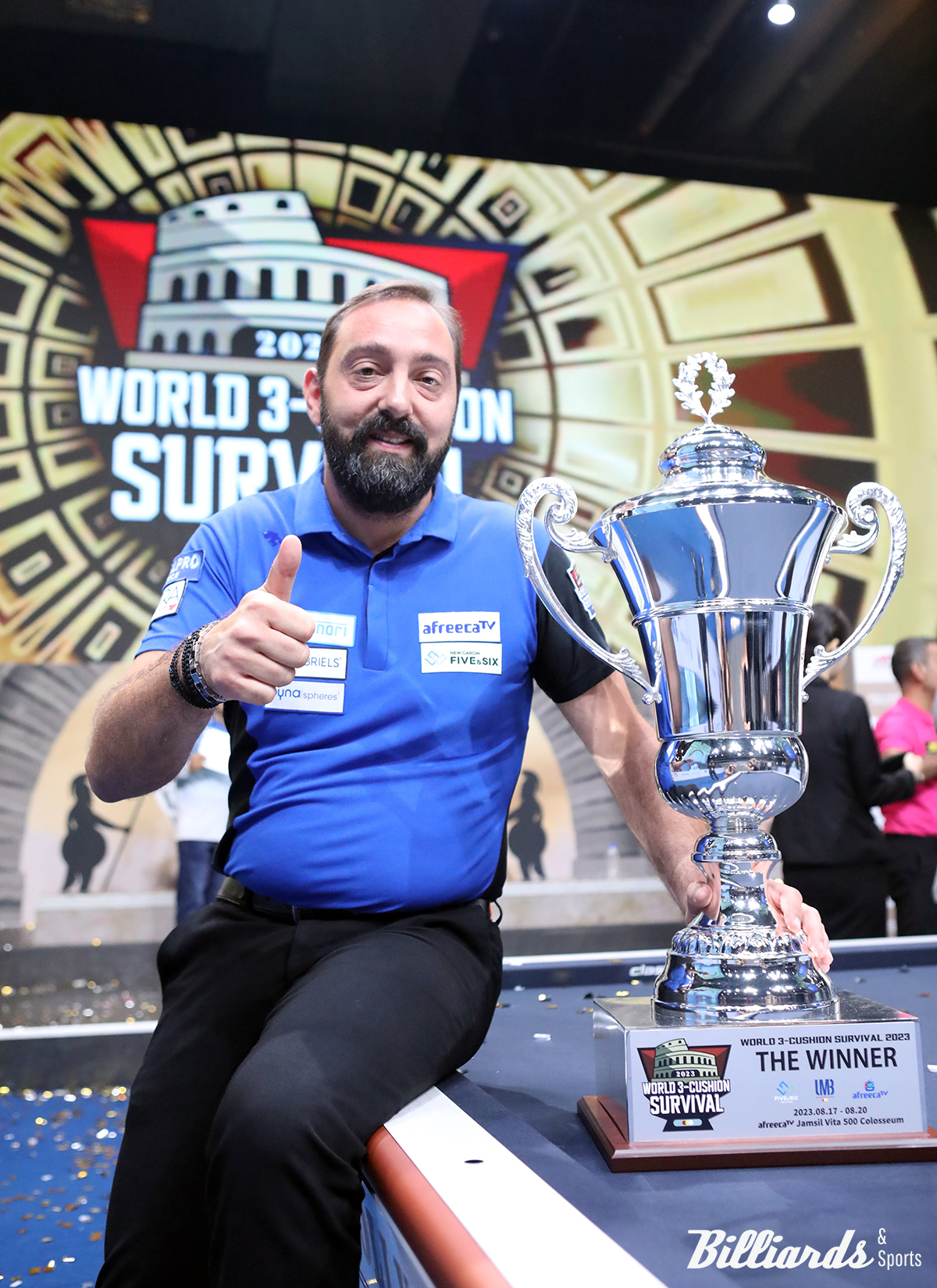아프리카TV가 주최한 '월드 3쿠션 서바이벌 2023'에서 선수 경력 25년 만에 우승을 차지한 니코스 폴리크로노폴로스(그리스).