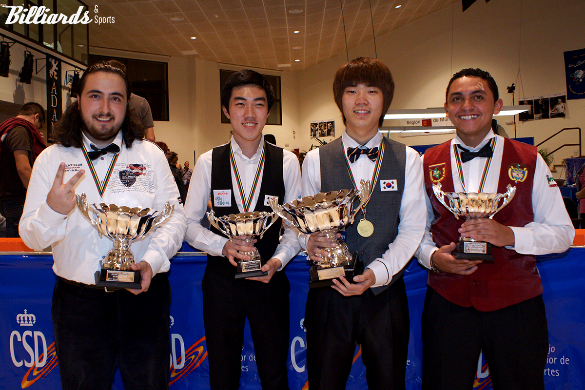 2012년 세계주니어3쿠션선수권대회에서 우승한 김행직과 공동 3위 김준태.