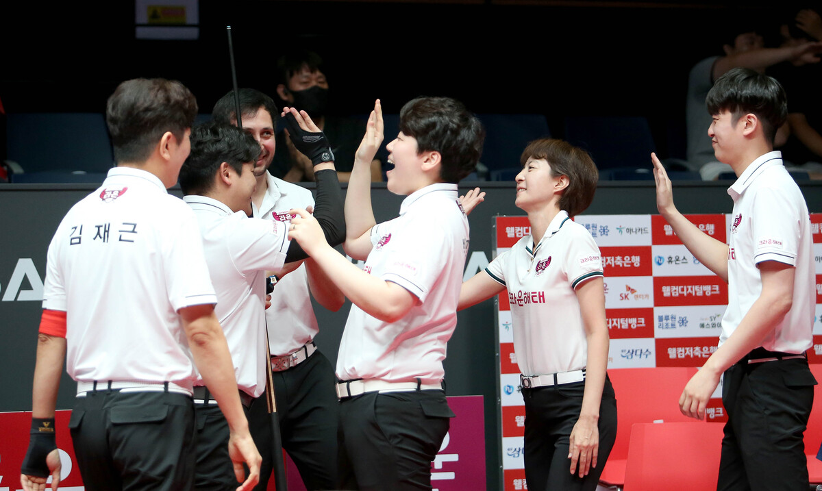 지난 2라운드 마지막 경기에서 크라운해태는 NH농협카드를 세트스코어 4-3으로 이겼다. 당시 경기에서 승리 후 환호하는 크라운해태 선수들.