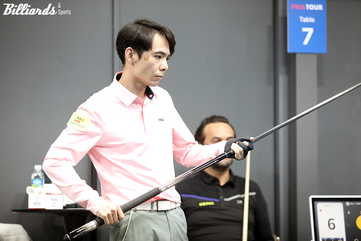 128강전에서 사바시 불루트(튀르키예)를 상대로 애버리지 2.391와 하이런 11점을 기록하며 승리한 한동우.