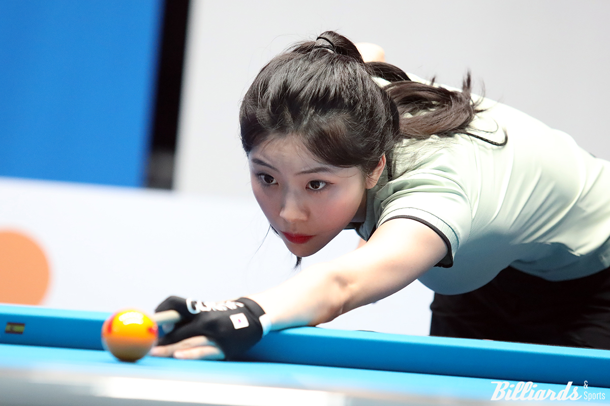 '1999년생' 정수빈(24)은 'NH농협카드 LPBA 챔피언십' 첫날 경기 PPQ에서 23이닝 만에 21:16으로 유미형에게 승리하며 PQ로 올라갔다.  사진=고양/김민영 기자, 빌리어즈앤스포츠 DB