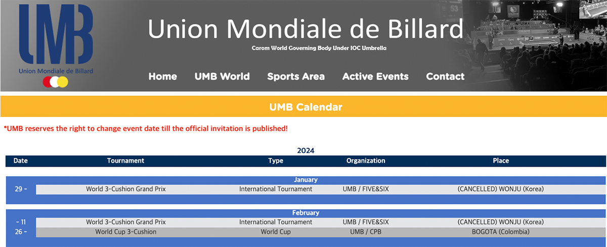 2024년 1월 29일 예정되어 있던 '월드3쿠션그랑프리'의 대회 스케줄이 취소로 표시되어 있다. 사진=UMB 홈페이지 갈무리