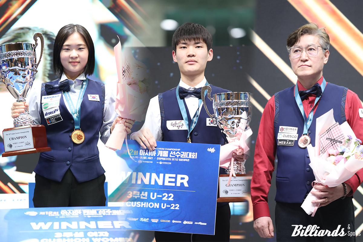 여자3쿠션 우승을 차지한 김하은, U-22 우승자 박정우, 1쿠션 공동3위에 오른 이정희. 사진=양구/이용휘 기자