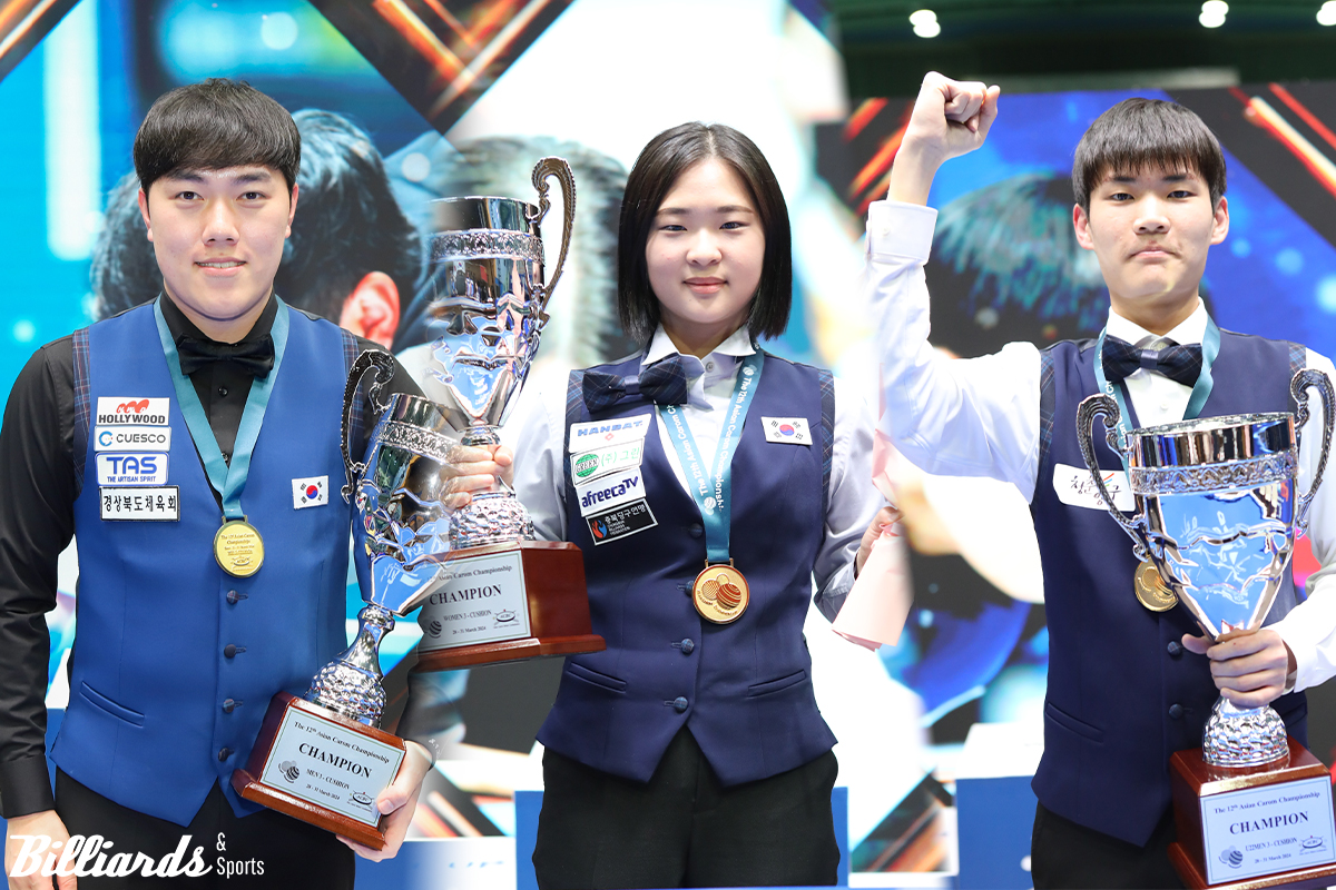 남자 3쿠션, 여자 3쿠션, U-22에서 우승을 차지한 김준태, 김하은, 박정우(왼쪽부터). 사진=이용휘 기자, 대한당구연맹 제공