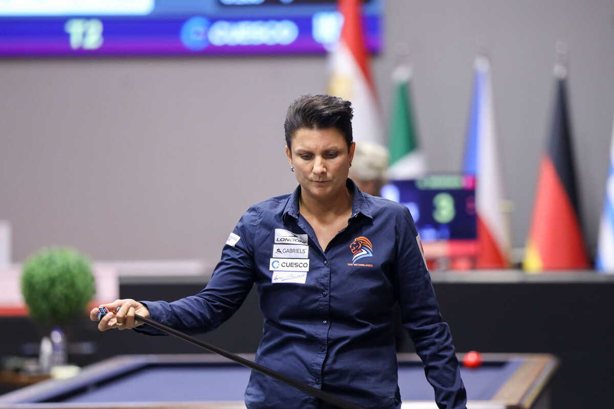 지난해 '세계여자3쿠션세계선수권대회'에서 8강에서 이신영게 패한 테레사 클롬펜하우어. 사진=SOOP 제공