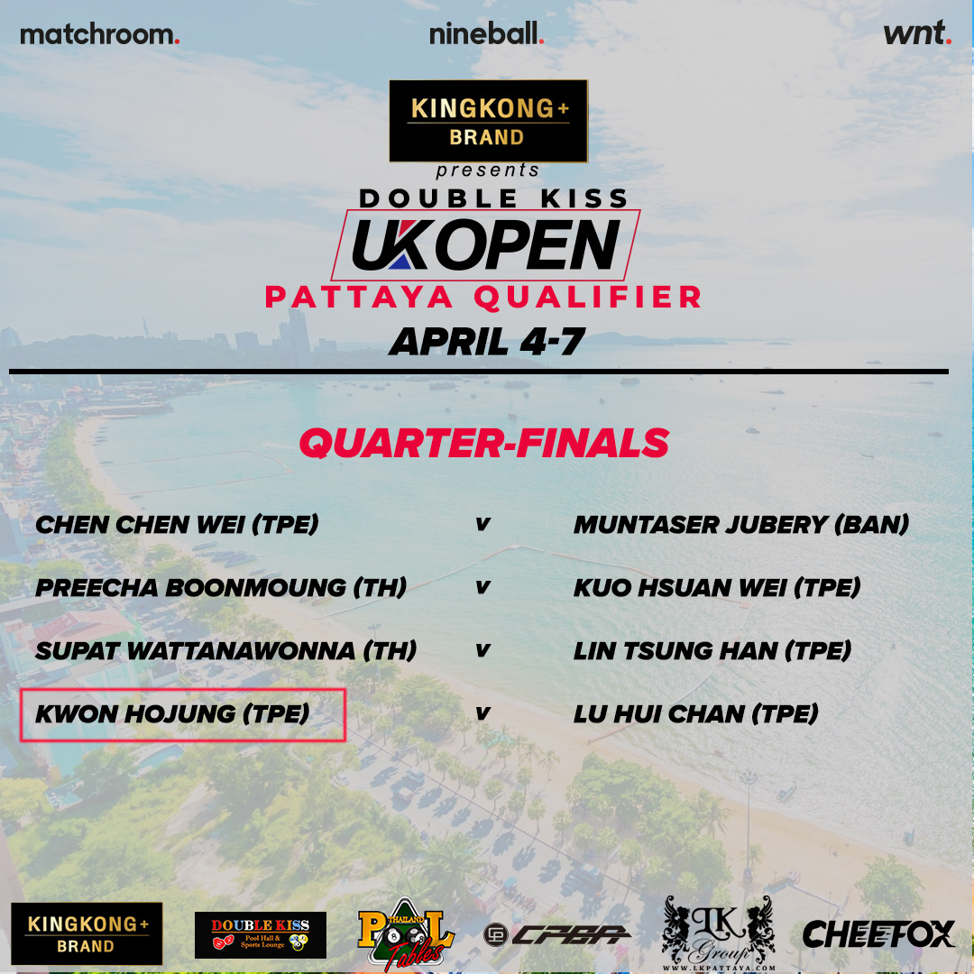 'UK 오픈 풀(포켓볼) 챔피언십 2024' 파타야 예선 8강 대진표. 권호준의 영문 이름과 국적이 잘 못 표기되어 있다. 사진=WNT 제공