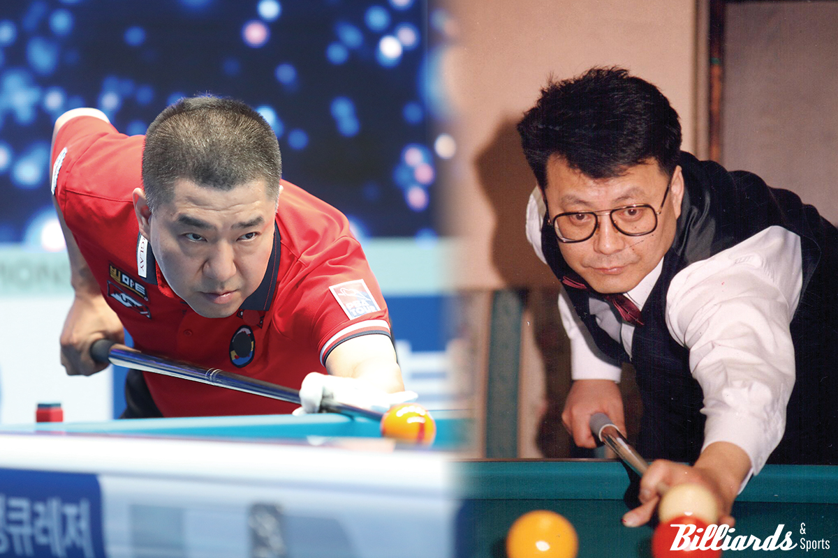 왕년의 당구 스타 김무순(우)이 PBA 큐스쿨 1라운드에서 '공포의 목장갑' 황지원(좌)과 대결한다. 사진=빌리어즈앤스포츠 DB