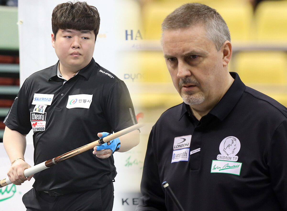 '돌아온 당구 황제' 프레데릭 쿠드롱(벨기에)과 '세계랭킹 1위' 조명우(실크로드앤시앤티-서울시청)가 호찌민 3쿠션 당구월드컵 32강 조별리그전에서 만났다.   사진=빌리어즈앤스포츠 DB, SOOP 제공