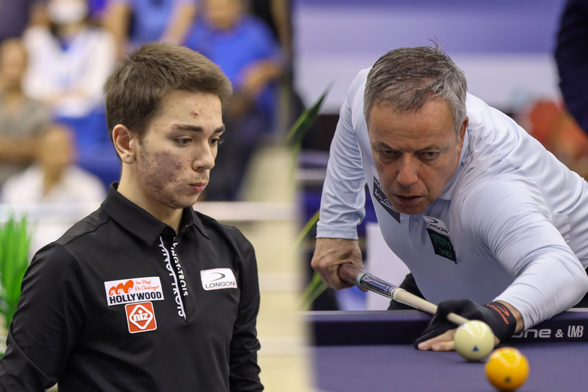 부라크 하샤시(좌)가 딕 야스퍼스(우)를 꺾고 당구월드컵 첫 8강에 진출했다. 사진=SOOP 제공