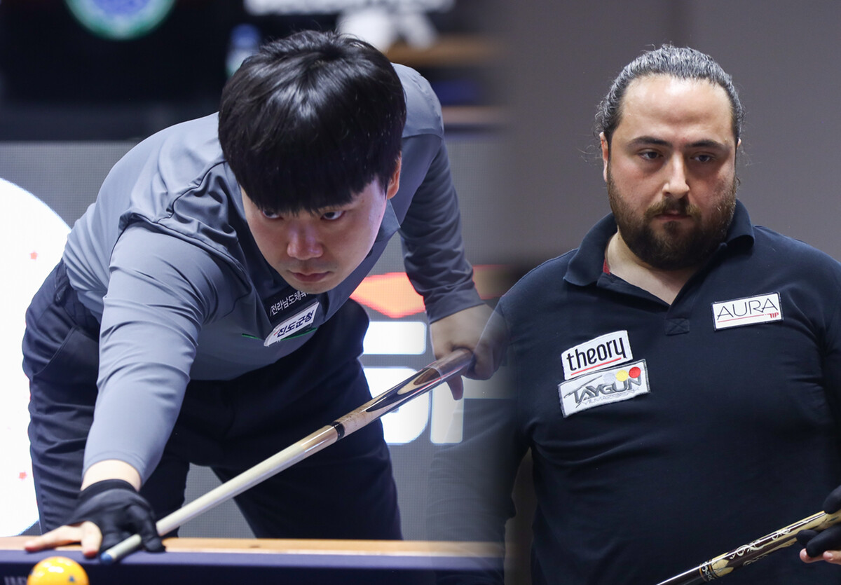 한국의 김행직(왼쪽)이 '앙카라 3쿠션 당구월드컵' 16강전에서 12년 전 주니어 세계선수권 결승에서 꺾었던 외메르 카라쿠르트(튀르키예)에게 49:50으로 1점 차의 아쉬운 역전패를 당했다.  사진=SOOP 제공 