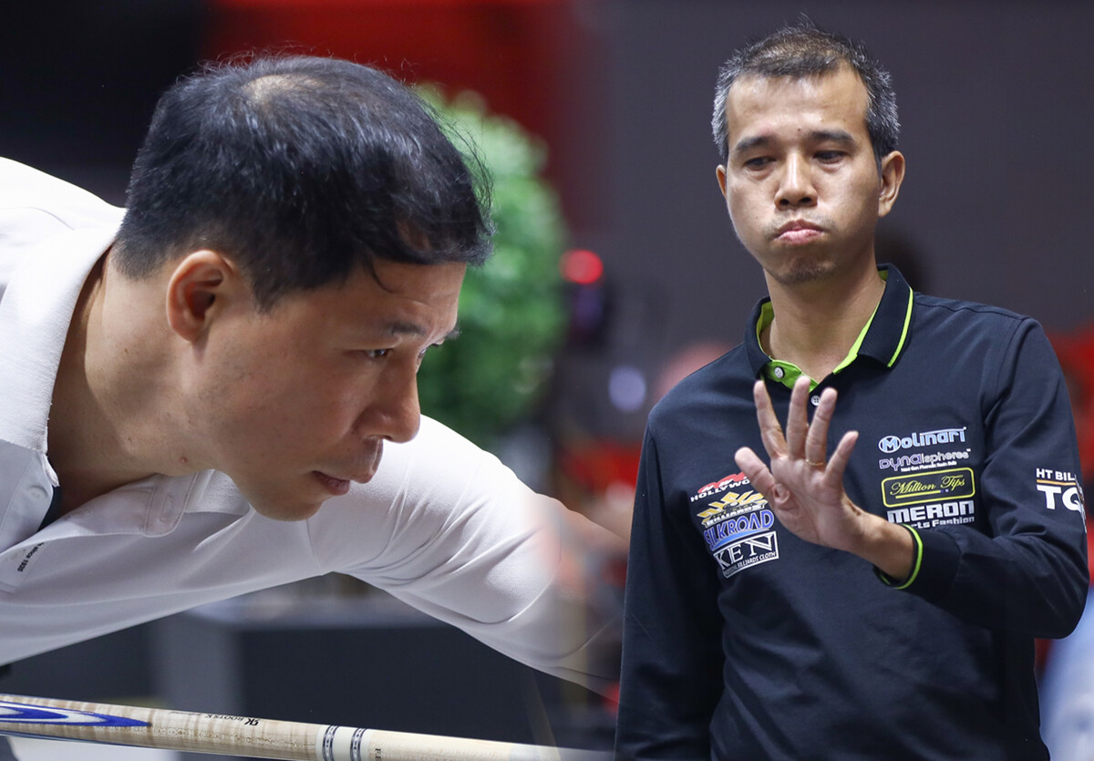 한국의 허정한(경남·왼쪽)이 '앙카라 3쿠션 당구월드컵' 8강에서 '베트남 최강자' 쩐뀌엣찌엔(세계 2위·오른쪽)을 애버리지 2.083으로 제압하며 2년 8개월여 만에 준결승에 진출했다.  사진=SOOP 제공