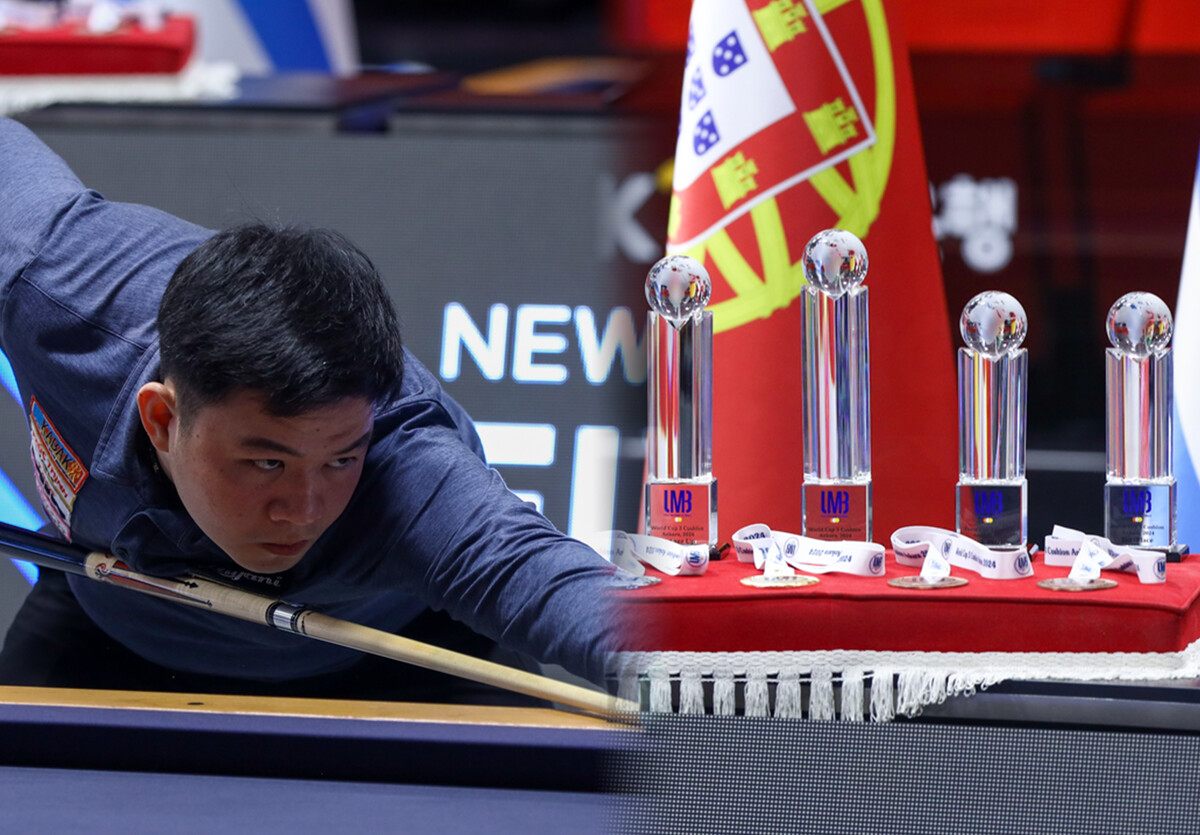 벨기에에 이어 한 국가 선수의 당구월드컵 3회 연속우승에 도전하는 베트남. 사진은 앙카라 당구월드컵 결승에 진출한 바오프엉빈과 이번 대회 우승트로피.  사진=SOOP 제공