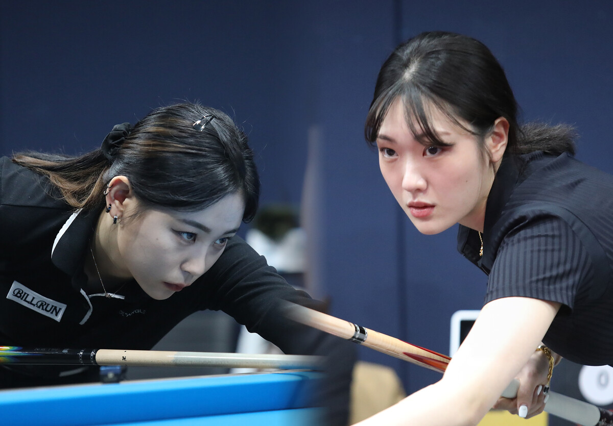 여자 프로당구 개막전 예선 2라운드(PQ)에서 종합순위 1위에 오른 '2000년생' 송민지(왼쪽)와 애버리지 1.087로 승리한 '2001년생' 박가은(오른쪽).   사진=고양/이용휘 기자
