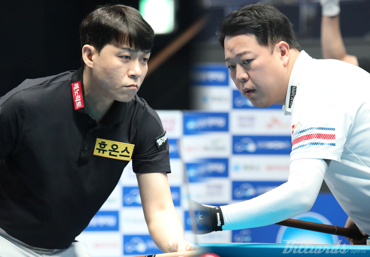 '승부사' 최성원(왼쪽)과 '헐크' 강동궁(오른쪽)이 2024-25시즌 개막전 '우리금융캐피탈 PBA 챔피언십' 128강전에서 승리했다.  사진=고양/이용휘 기자