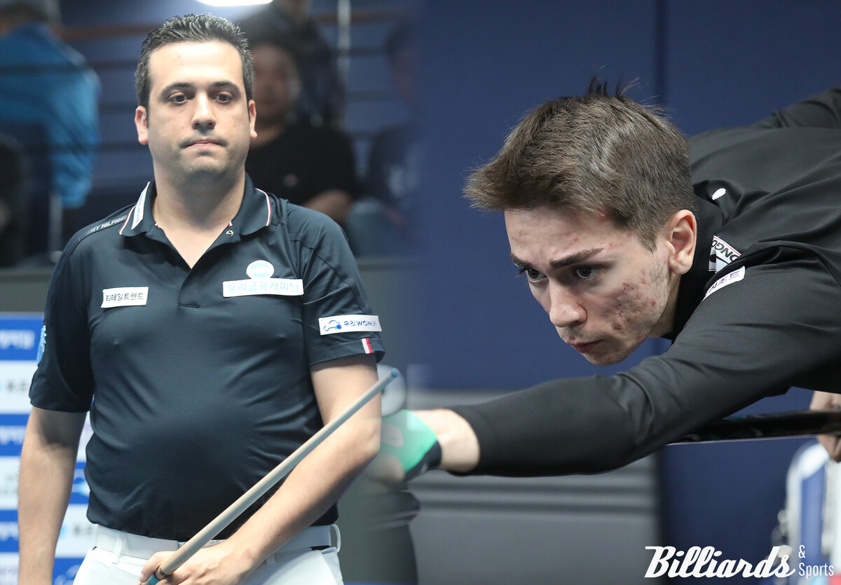 '18세 무서운 신인' 부라크 하샤시(하이원리조트·오른쪽)가 '프로당구 최강자' 다비드 사파타(우리금융캐피탈)를 승부치기에서 꺾고 32강에 진출했다.  사진=고양/이용휘 기자