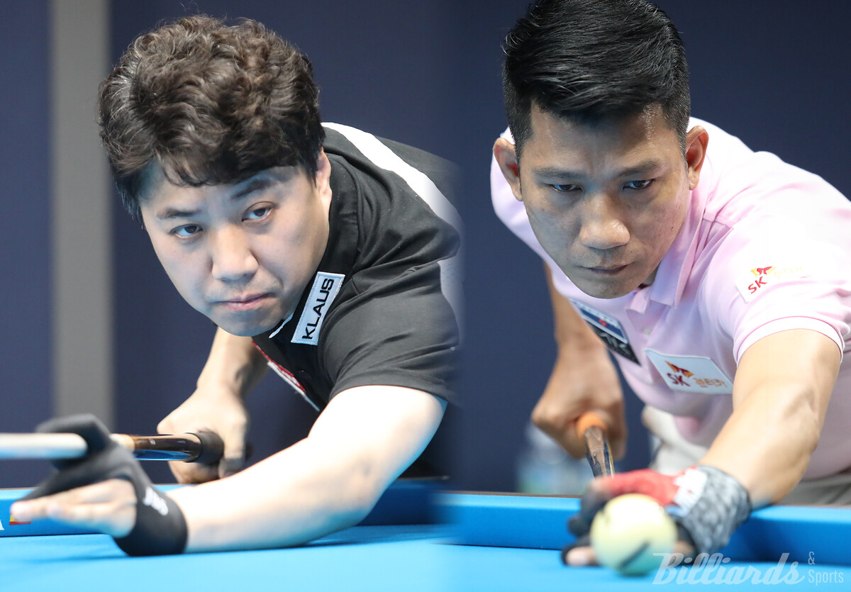 프로당구 24-25시즌 개막전 '우리금융캐피탈 PBA 챔피언십' 64강전에서 3점대 애버리지를 기록하며 종합순위 1위를 차지한 '부산사나이' 김종원(왼쪽)과 '베트남 강호' 응오딘나이(SK렌터카).  사진=고양/이용휘 기자
