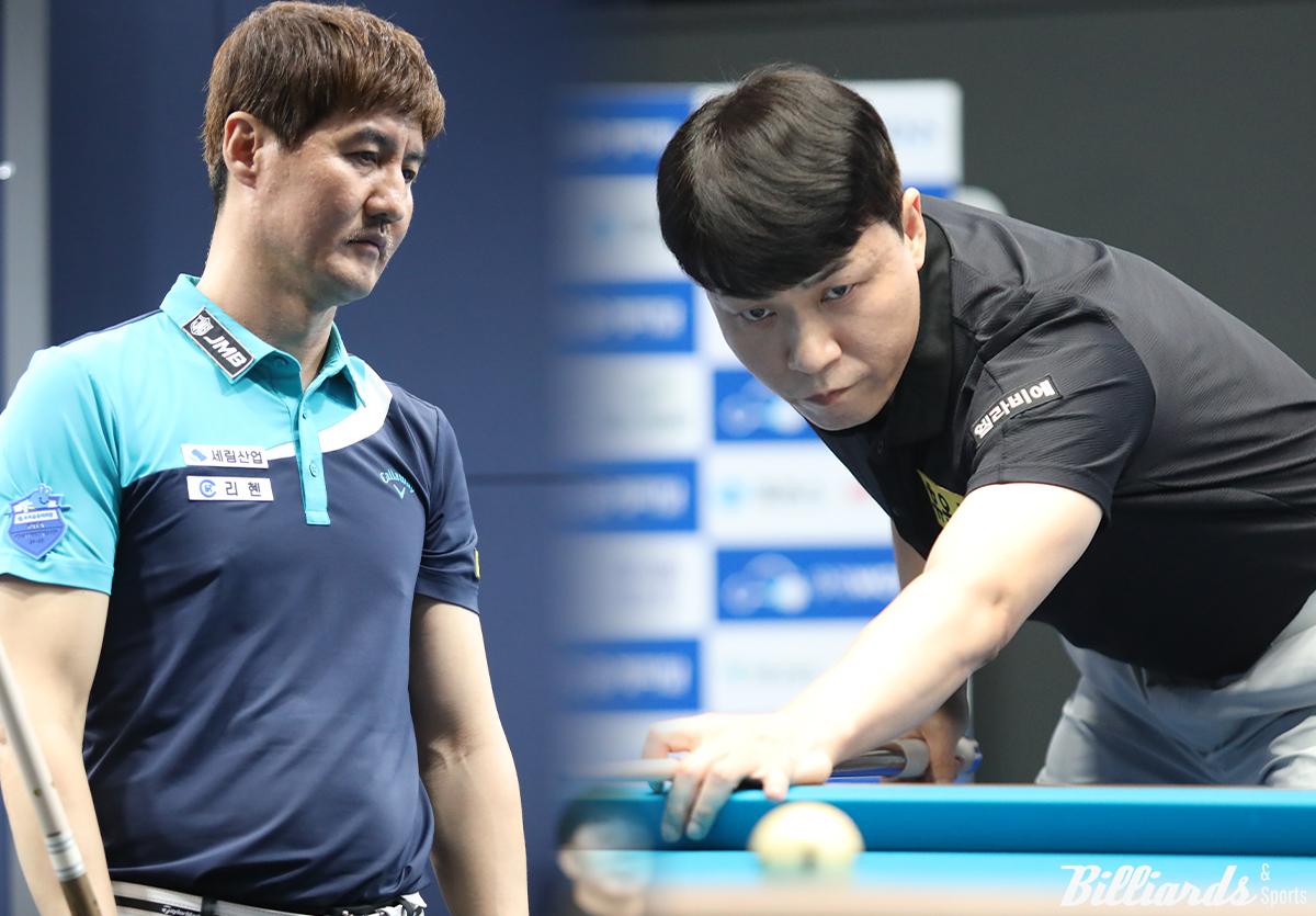 '승부사' 최성원(휴온스·오른쪽)이 '언더독 신화' 박기호(왼쪽)의 돌풍을 잠재우며 개막전 '우리금융캐피탈 PBA 챔피언십' 8강에 진출했다.  사진=고양/이용휘 기자